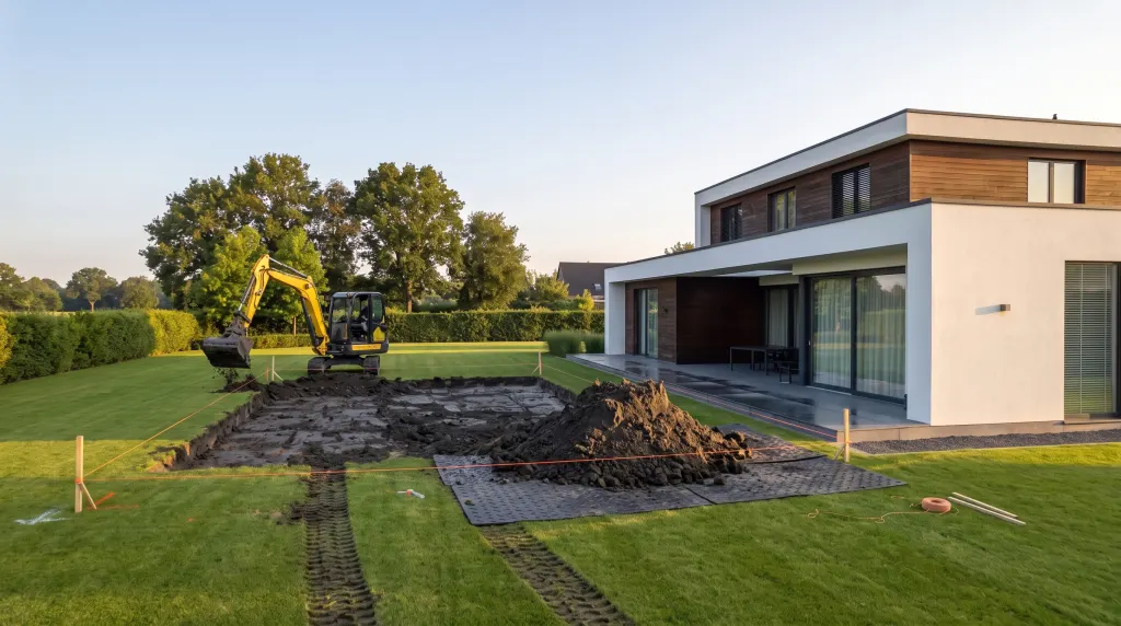 Uitzetten en uitgraven van het zwembad