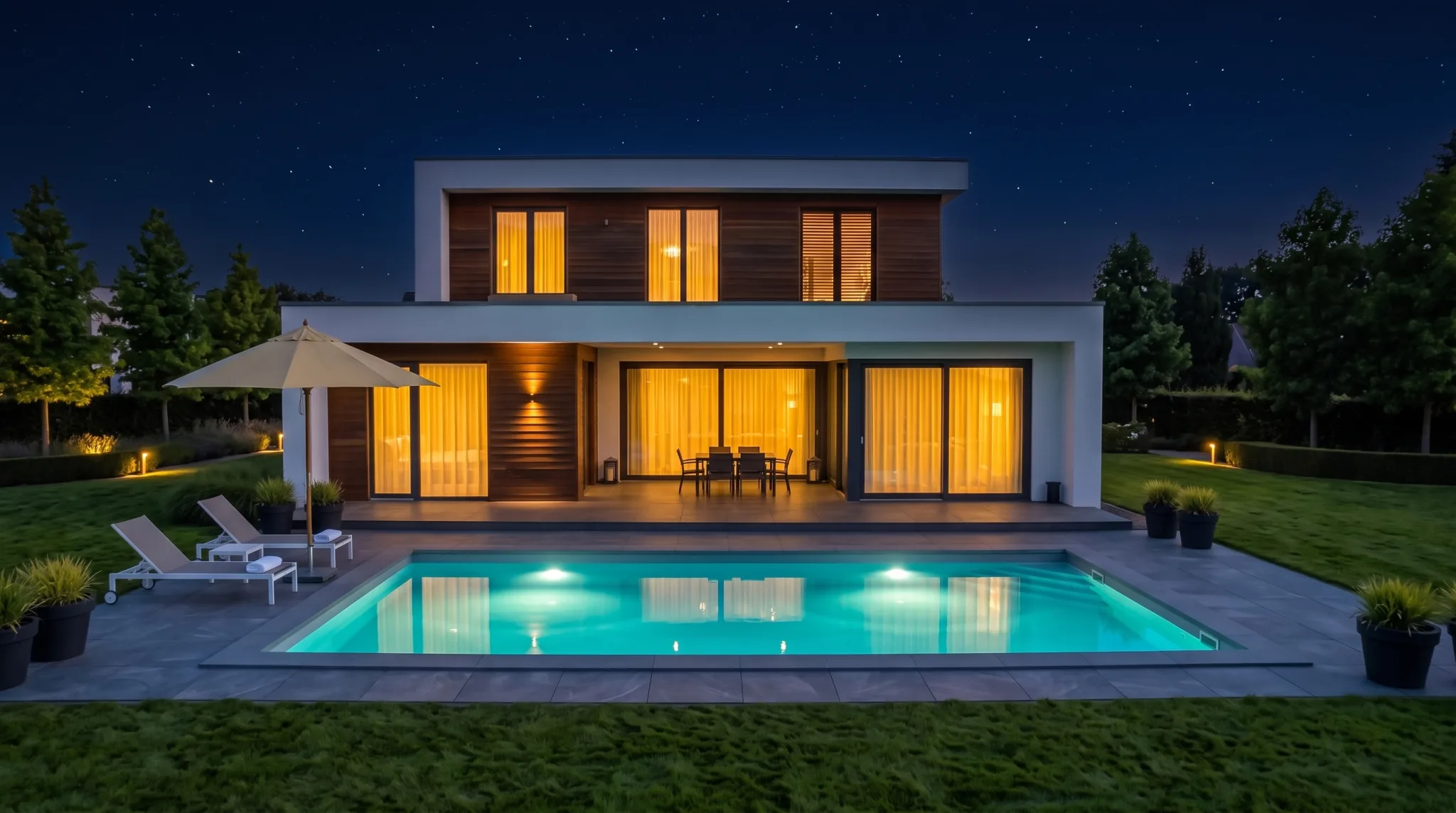 Verlicht luxe buitenzwembad bij een moderne villa in de avond
