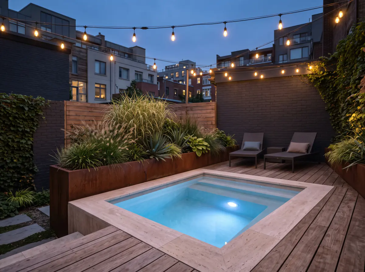 Plunge pool in stadstuin met vlonder